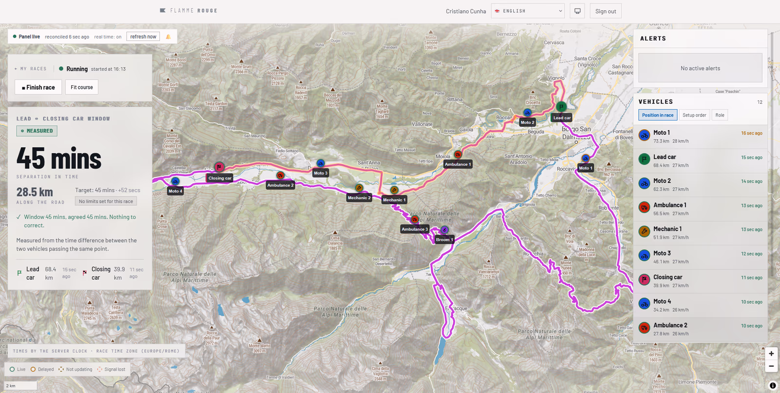 Race control panel: course map with the support vehicles, the lead-to-closing gap marked as measured, and the alert queue.